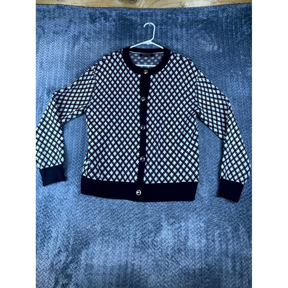 Merokeety Cardigan Sweater Womens Medium Black White Geometric Print Tight Knit
